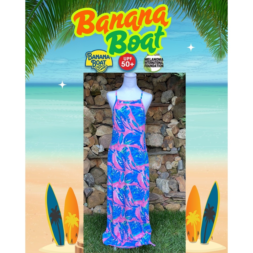 Banana Boat Sundress Size Medium NWT UPF 50+ Blue Pink Tropical Maxi BB879